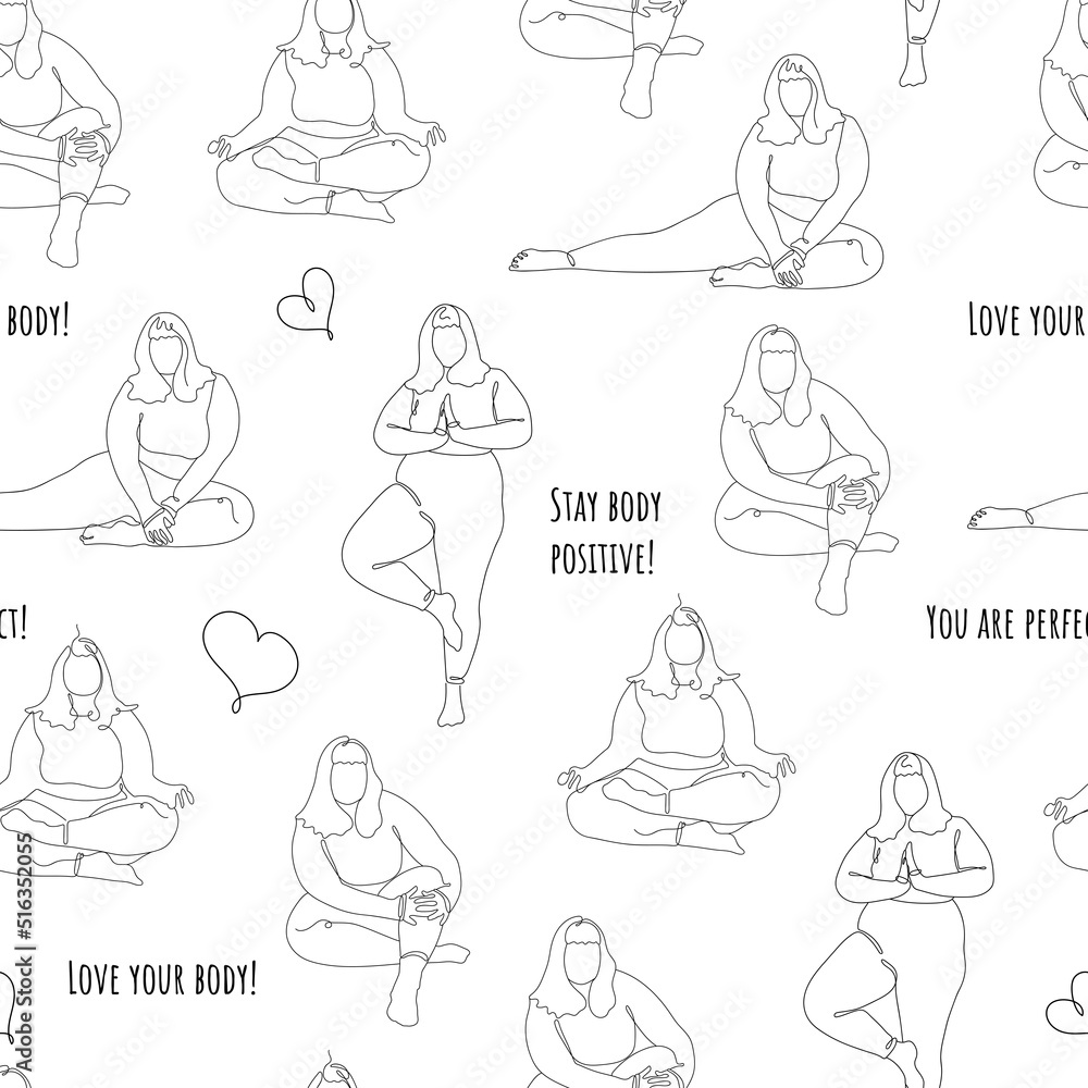 BW Seamless Pattern with Body Positive girls. Line art style girls doing Yoga. Self-acceptance, Body Positivity. For your fabric, paper, packaging design. Vector illustration. BW Seamless Pattern with Body Positive girls. Line art style girls doing Yoga. Self-acceptance, Body Positivity. For your fabric, paper, packaging design. Vector illustration.