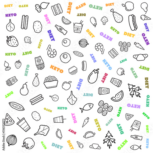 Keto Diet - Ketogenic food vector seamless illustration. Healthy keto food - fats, proteins and carbs on one vector illustration. Low carbs ketogenic diet food.