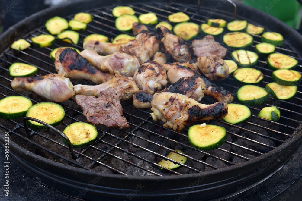 The vegetables are grilled. Meat on the grill The vegetables are grilled. Meat on the grill