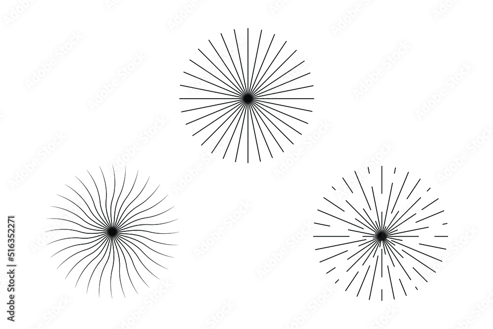 Set of abstract circular elements. Memphis style. Wavy, discontinuous, straight diagonals. Editable stroke. Isolated. Vector illustration.