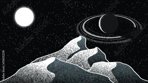 Star and planet in space. Futuristic landscape, with noise texture . Night landscape with starry sky .Vector illustration