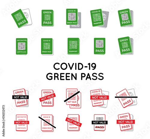 Set of Vaccine passport icons. Certificate of vaccine and immune from covid. Health passport. Qr code for control and check of safety from covid-19.