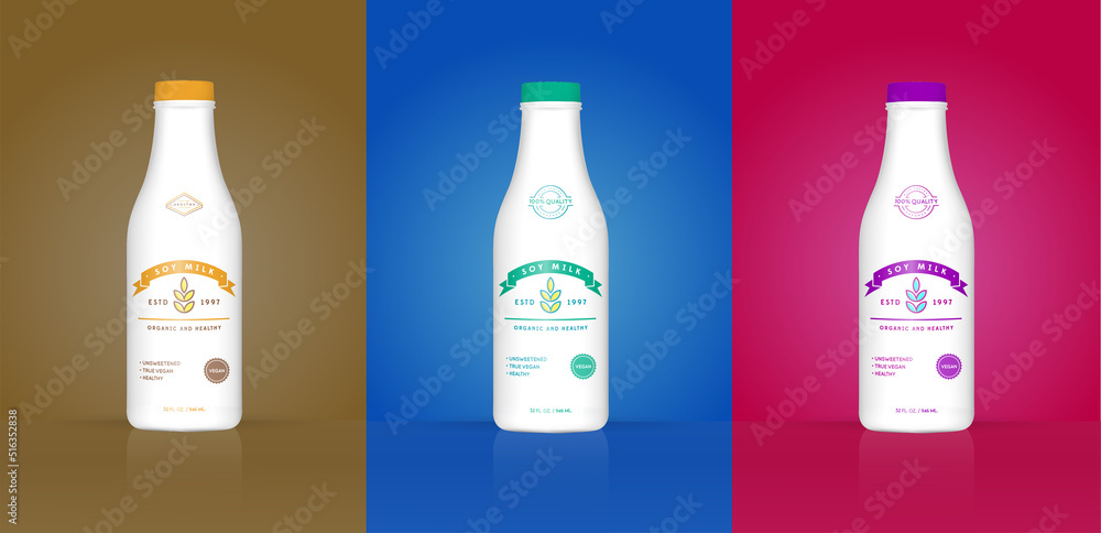 Set of Soy Milk Bottle with Colorful Background. Healthy Organic Product Made of Soy Beans. Vector Illustration. Advertising Template. Print. Set of Soy Milk Bottle with Colorful Background. Healthy Organic Product Made of Soy Beans. Vector Illustration. Advertising Template. Print.