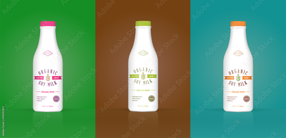Set of Soy Milk Bottle with Colorful Background. Healthy Organic Product Made of Soy Beans. Vector Illustration. Advertising Template. Print. Set of Soy Milk Bottle with Colorful Background. Healthy Organic Product Made of Soy Beans. Vector Illustration. Advertising Template. Print.