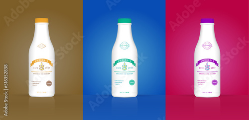 Set of Soy Milk Bottle with Colorful Background. Healthy Organic Product Made of Soy Beans. Vector Illustration. Advertising Template. Print.