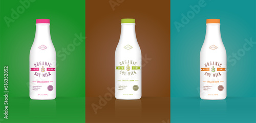 Set of Soy Milk Bottle with Colorful Background. Healthy Organic Product Made of Soy Beans. Vector Illustration. Advertising Template. Print.