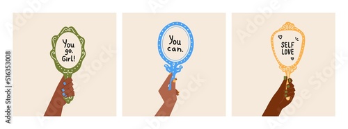 Woman hand holding mirror. Abstract motivational quotes acceptance self love concept. Hand drawn cartoon vector set