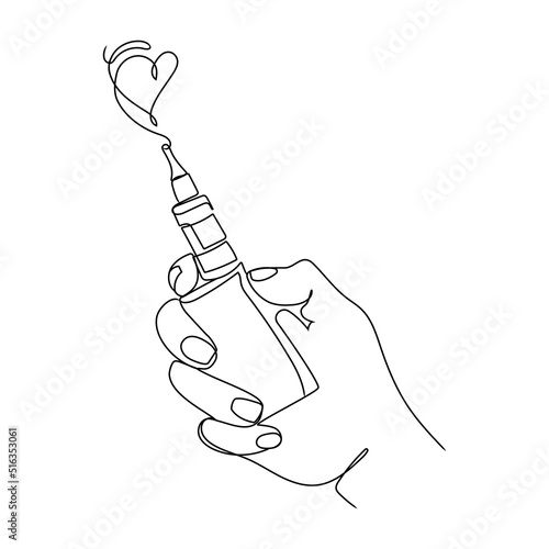 Vapor vaporizer logo template Line art vector illustration on white background.Hand Holding Electronic Cigarette with heart shaped vapor continuous line design for label,cover,and other use