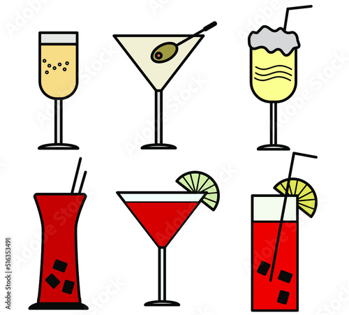 Vector cocktails icon set. Colorful icons. Drinks icons. Alcohol glasses. Bar concept.