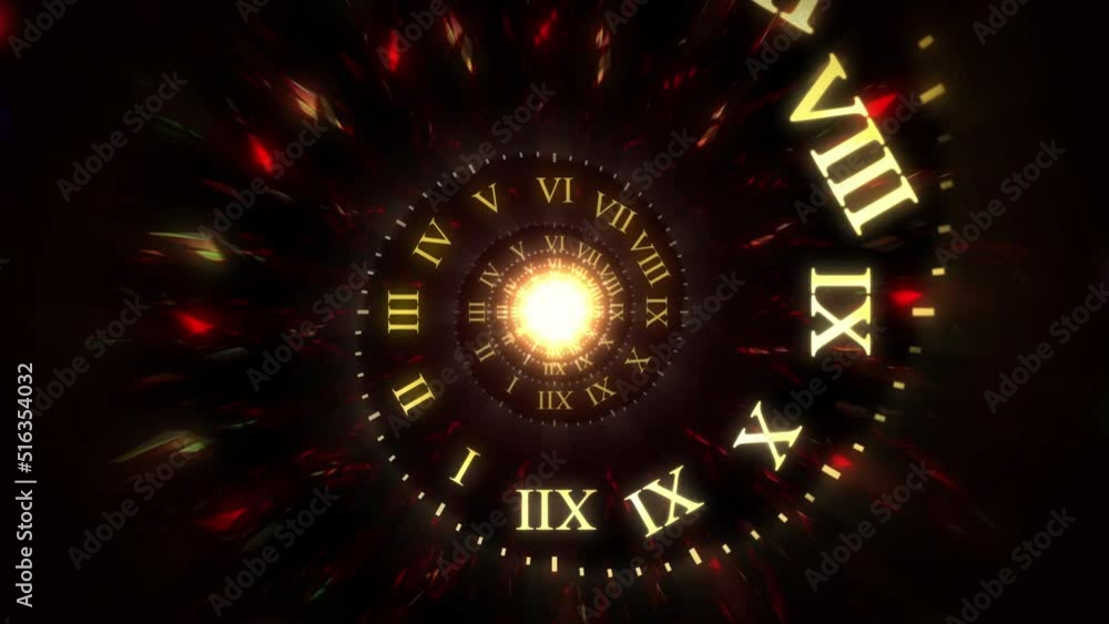 Dark Spiral Time with Glowing Roman Numeral Clock Animation Dark Spiral Time with Glowing Roman Numeral Clock Animation