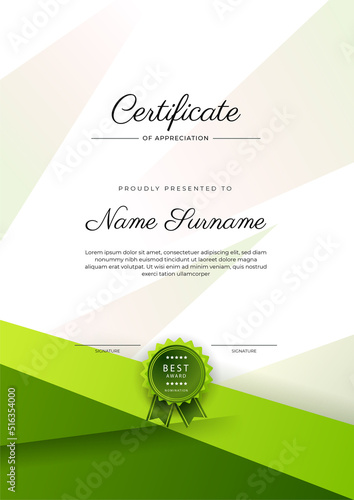 Modern elegant green certificate of achievement template with badge and border. Designed for diploma, award, business, university, school, and corporate.