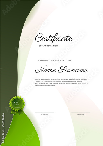 Modern elegant green certificate of achievement template with badge and border. Designed for diploma, award, business, university, school, and corporate.