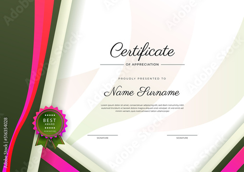 Modern elegant green certificate of achievement template with badge and border. Designed for diploma, award, business, university, school, and corporate.