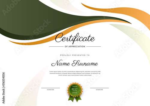 Modern elegant green certificate of achievement template with badge and border. Designed for diploma, award, business, university, school, and corporate.