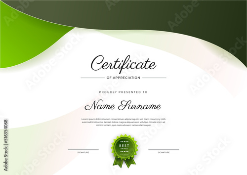 Modern elegant green certificate of achievement template with badge and border. Designed for diploma, award, business, university, school, and corporate.
