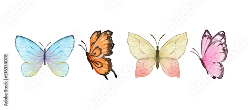 Colorful butterflies watercolor isolated on white background. Blue, orange, yellow and pink butterfly. Spring animal vector illustration