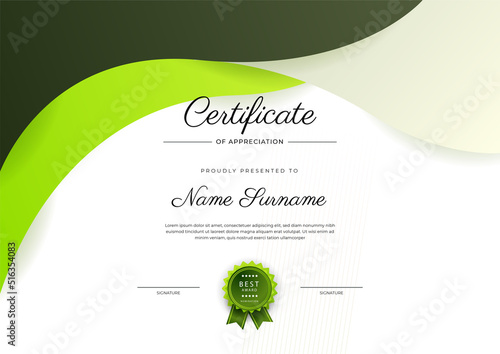 Modern elegant green certificate of achievement template with badge and border. Designed for diploma, award, business, university, school, and corporate.