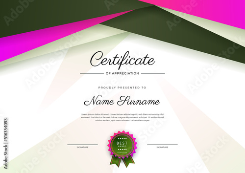 Modern elegant green certificate of achievement template with badge and border. Designed for diploma, award, business, university, school, and corporate.