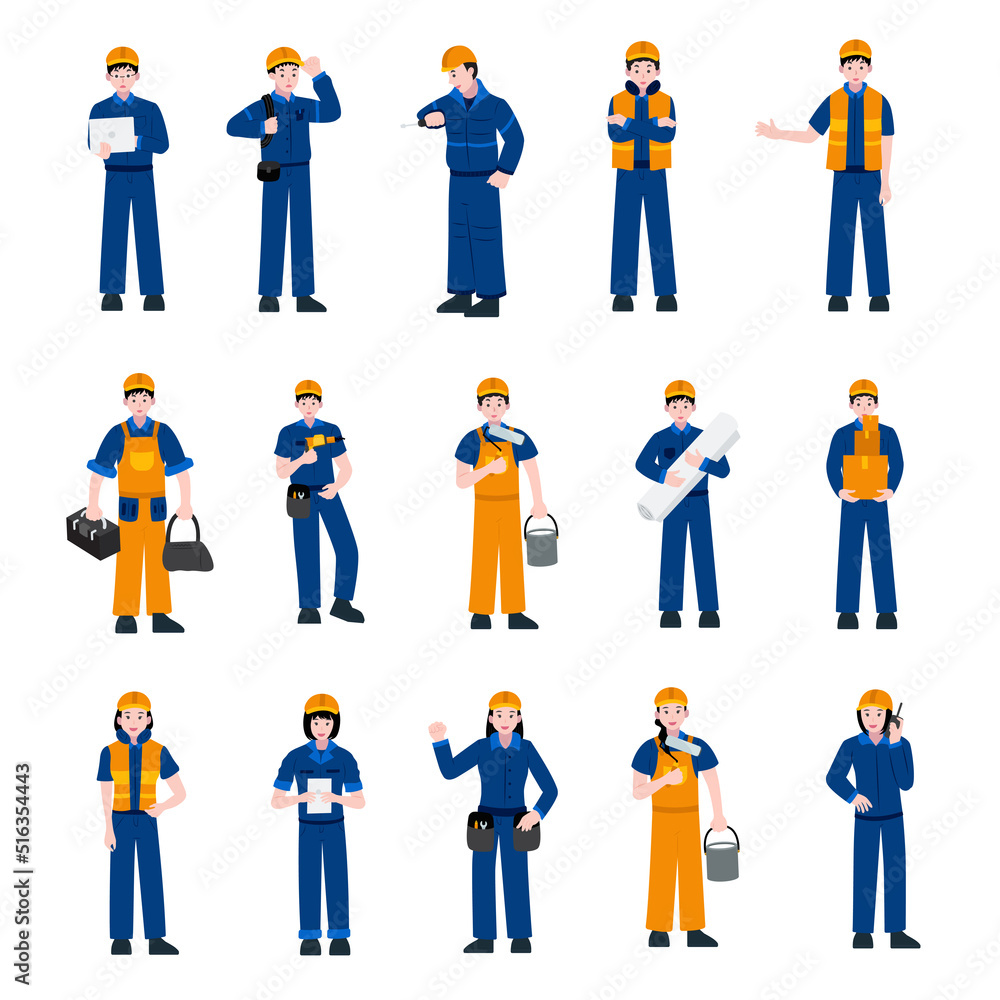 industrial male and female construction and character building workers various poses
