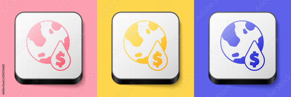 Isometric Oil drop with dollar symbol icon isolated on pink, yellow and blue background. Oil price. Oil and petroleum industry. Square button. Vector Isometric Oil drop with dollar symbol icon isolated on pink, yellow and blue background. Oil price. Oil and petroleum industry. Square button. Vector