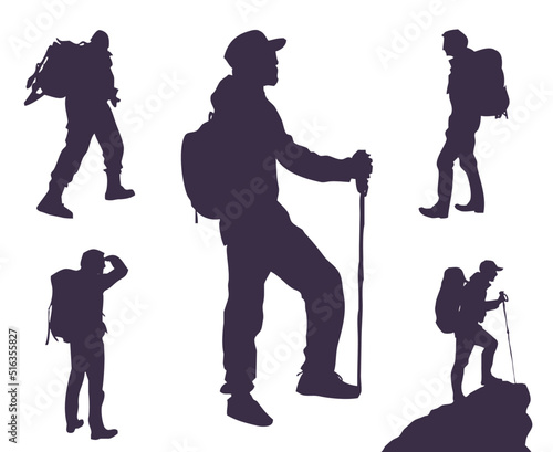 Set of silhouettes of travelers and tourists. Travelers go on an adventure