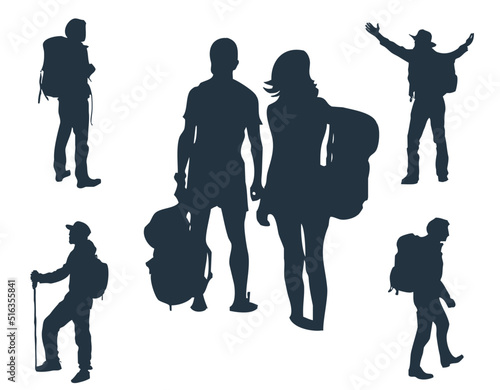Set of silhouettes of tourists and travelers