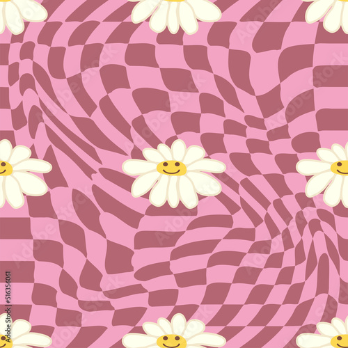 Retro Smile Chamomile Seamless Pattern on 1970 Wavy Swirl Seamless Pattern. Hippie Aesthetic.
