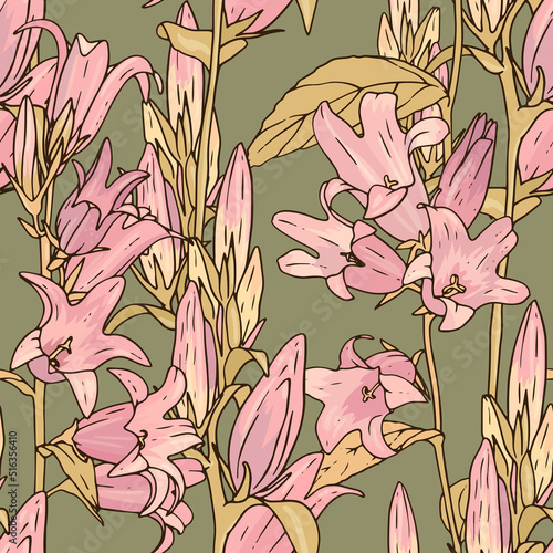 Vintage botanical pattern with pink harebell. Floral seamless print with bluebell on green background