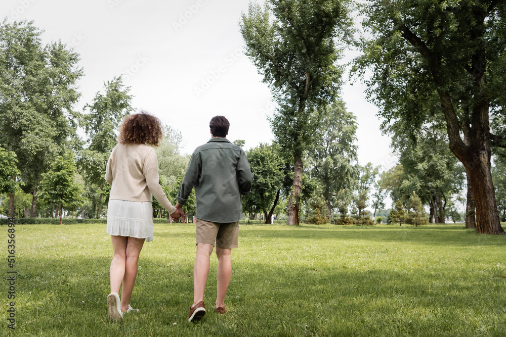 back view of curly woman in dress and man in summer clothes walking together in park.