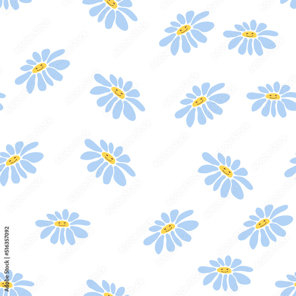 Groovy daisy retro seamless pattern. 70s vibe hippie ornament. Floral wallpaper.