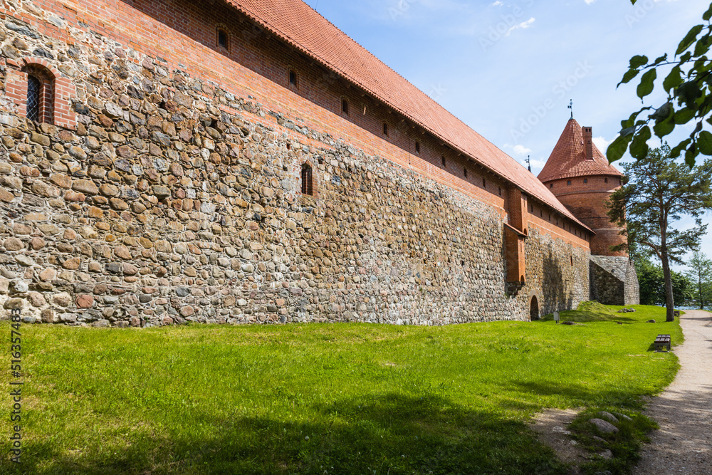 Defense wall and tower of Trakai Castle. Trakai, Lithuania, 10 June 2022