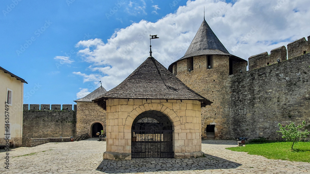 Inner courtyard of a medieval old castle. Khotyn fortress