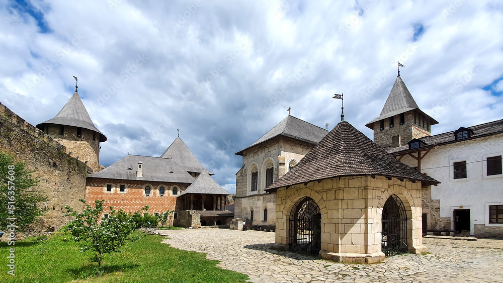Inner courtyard of a medieval old castle. Khotyn fortress