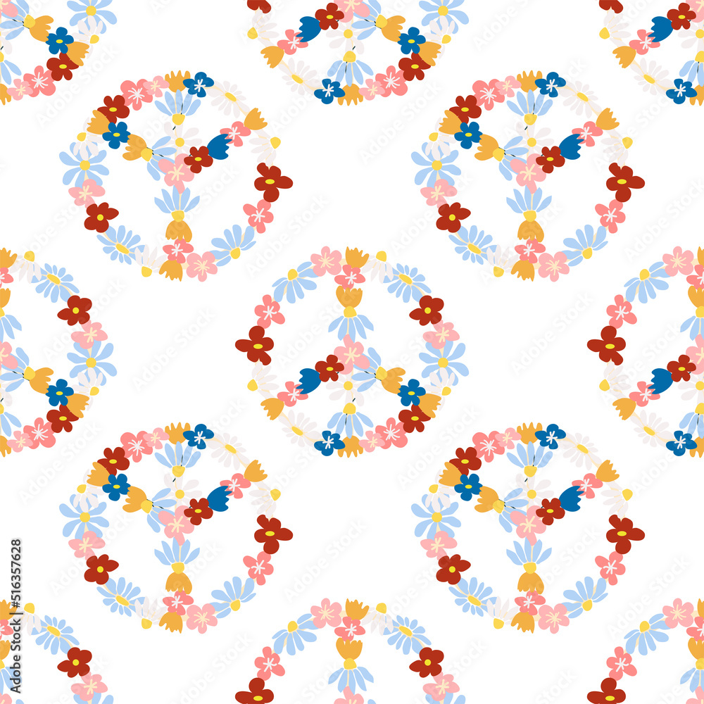 Peace symbol floral retro 70s seamless pattern. Clockwork design in the style of the seventies. Peace symbol floral retro 70s seamless pattern. Clockwork design in the style of the seventies.