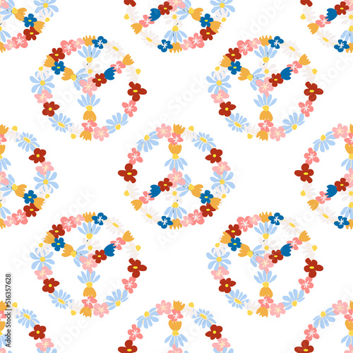 Peace symbol floral retro 70s seamless pattern. Clockwork design in the style of the seventies.