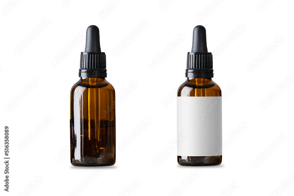 Two Amber glass dropper bottle with empty label mockup isolated on white background. cosmetic or medical bottle. 3d rendering.