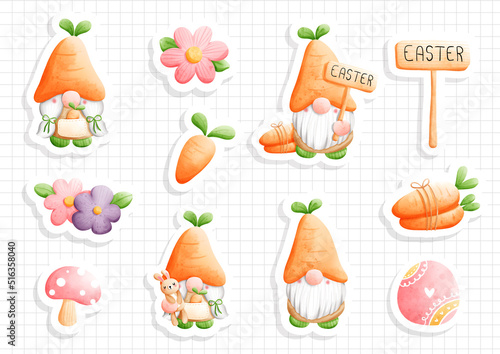 watercolor easter gnome, gnome easter sticker sheet. Vector illustration