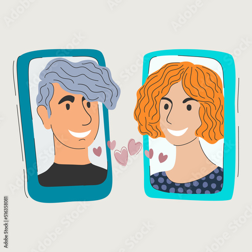 Man and woman talking with each other on their smartphones. Virtual dating concept. Online communication.