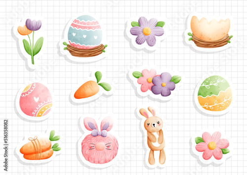 watercolor easter, Happy Easter sticker sheet. Vector illustration