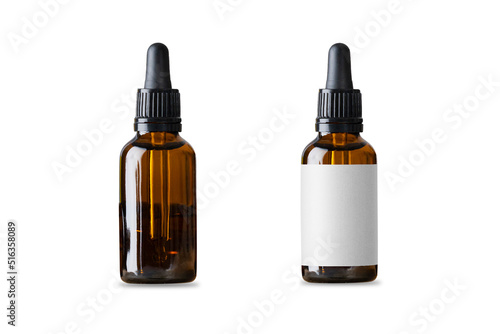 Two Amber glass dropper bottle with empty label mockup isolated on white background. cosmetic or medical bottle. 3d rendering.