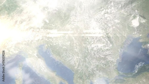 Wallpaper Mural Earth zoom in from outer space to city. Zooming on Subotica, Serbia. The animation continues by zoom out through clouds and atmosphere into space. Images from NASA Torontodigital.ca