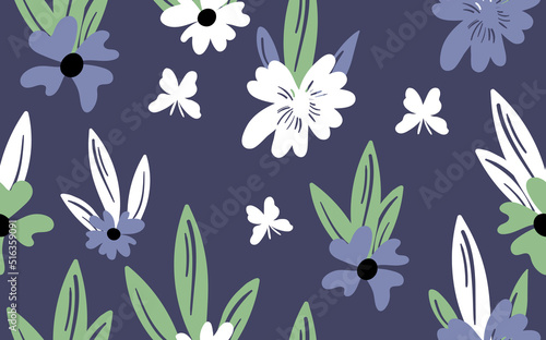Seamless floral pattern based on traditional folk art ornaments. Colorful flowers on color background. Scandinavian style. Sweden nordic style. Vector illustration. Simple minimalistic pattern