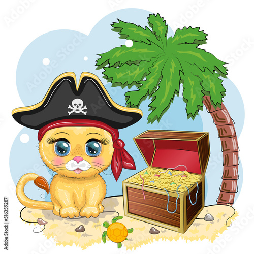 Lion pirate, cartoon character of the game, wild animal cat in a bandana and a cocked hat with a skull, with an eye patch. Character with bright eyes