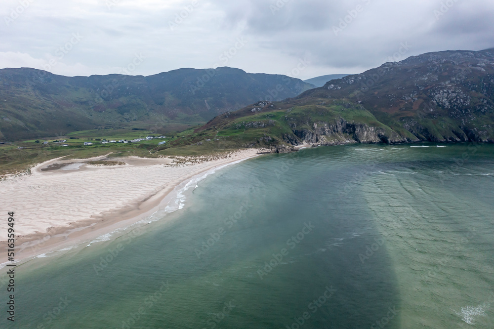 Fototapeta premium Aerial view of the beach and caves at Maghera Beach near Ardara, County Donegal - Ireland