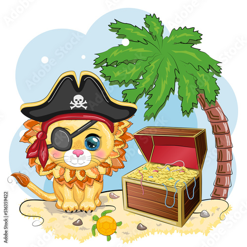 Lion pirate, cartoon character of the game, wild animal cat in a bandana and a cocked hat with a skull, with an eye patch. Character with bright eyes