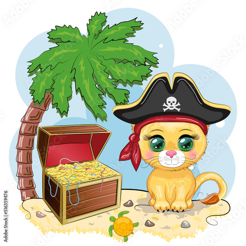 Lion pirate, cartoon character of the game, wild animal cat in a bandana and a cocked hat with a skull, with an eye patch. Character with bright eyes
