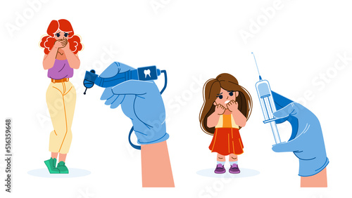 scared patient vector. woman kid girl afraid dentist syringe, hospital fear, dental scare scared patient character. people flat cartoon illustration