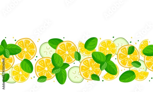 Seamless detox pattern. Citrus fruit, mint leaves, cucumber border on white background. Flat vector repeated isolated illustration For cafe menu, pack design, print design, poster, web banner,