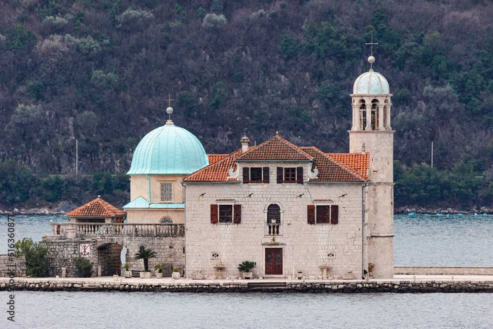 Old architecture in Montenegro. Kotor bay, Adriatic sea. Catholic Church and Monastery