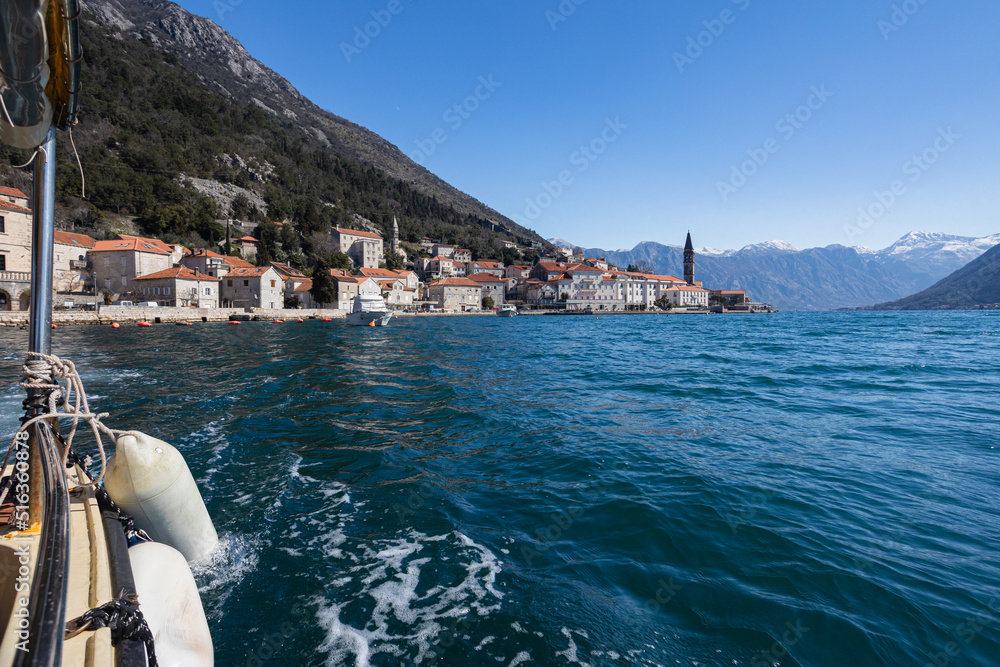 Boat tour in Kotor Bay near Perast city in Montenegro.